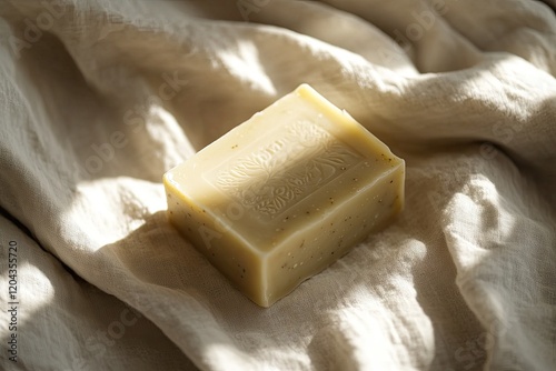 Natural soap sits elegantly on soft fabric, illuminated by gentl photo