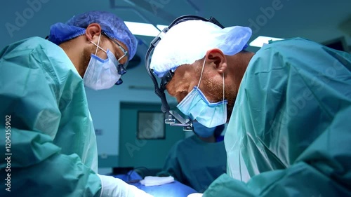 Professional male surgeons cooperate at surgery. Careful doctors perform maxillofacial operation.