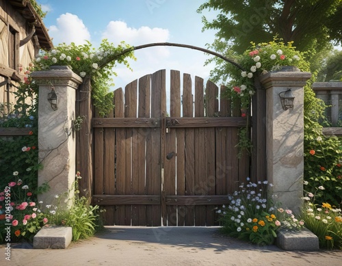 Weathered wooden gate with vines and flowers crawling up the post, vines, flowers