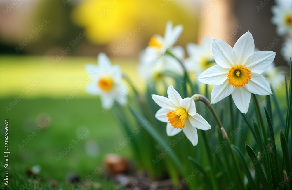 White daffodils bloom in spring garden. Closeup view of flower petals and stems. Rich green grass surrounds flowers. Bright springtime scene. Natural beauty of garden. Springtime flowers in park. White daffodils bloom in spring garden. Closeup view of flower petals and stems. Rich green grass surrounds flowers. Bright springtime scene. Natural beauty of garden. Springtime flowers in park.