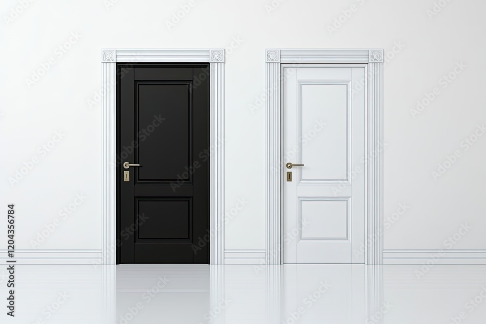 Two contrasting doors stand side by side, showcasing elegance in Two contrasting doors stand side by side, showcasing elegance in
