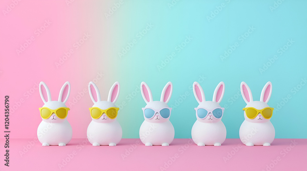 Obraz premium Four playful bunnies sporting tiny sunglasses, floating joyfully in a whimsical outer space setting filled with colorful stars and planets.