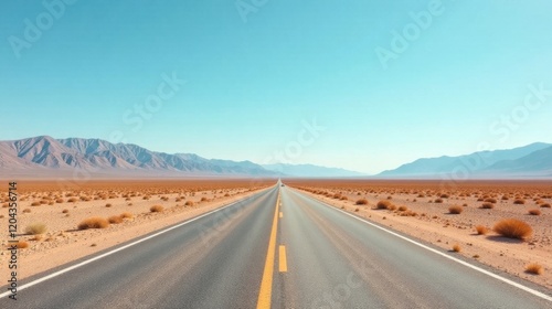 A lone vehicle journeys along a long, straight desert highway, flanked by arid shrubbery under a vast, clear sky and distant mountain range.