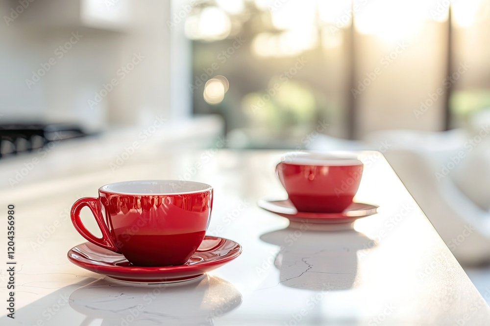 Bright red cups on marble countertop, bathed in warm morning lig Bright red cups on marble countertop, bathed in warm morning lig