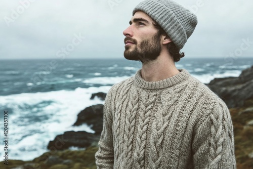 Coastal scene features man in cozy knitwear, gazing thoughtfully photo