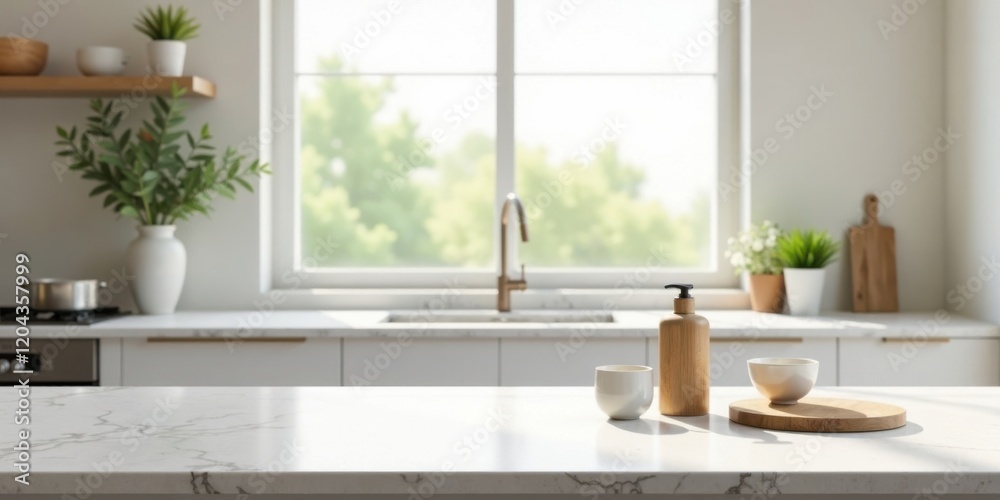 Fototapeta premium Bright Kitchen Countertop with Minimalist Decor and Sunlight