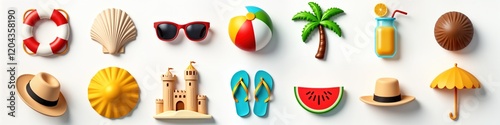 Colorful 3D icons illustrate summer vacation elements. Lifebuoy, shell, sunglasses, coconut, palm tree, watermelon, flip-flops, ball, lemonade, hat, umbrella, sandcastle, ice cream, surfing gear.