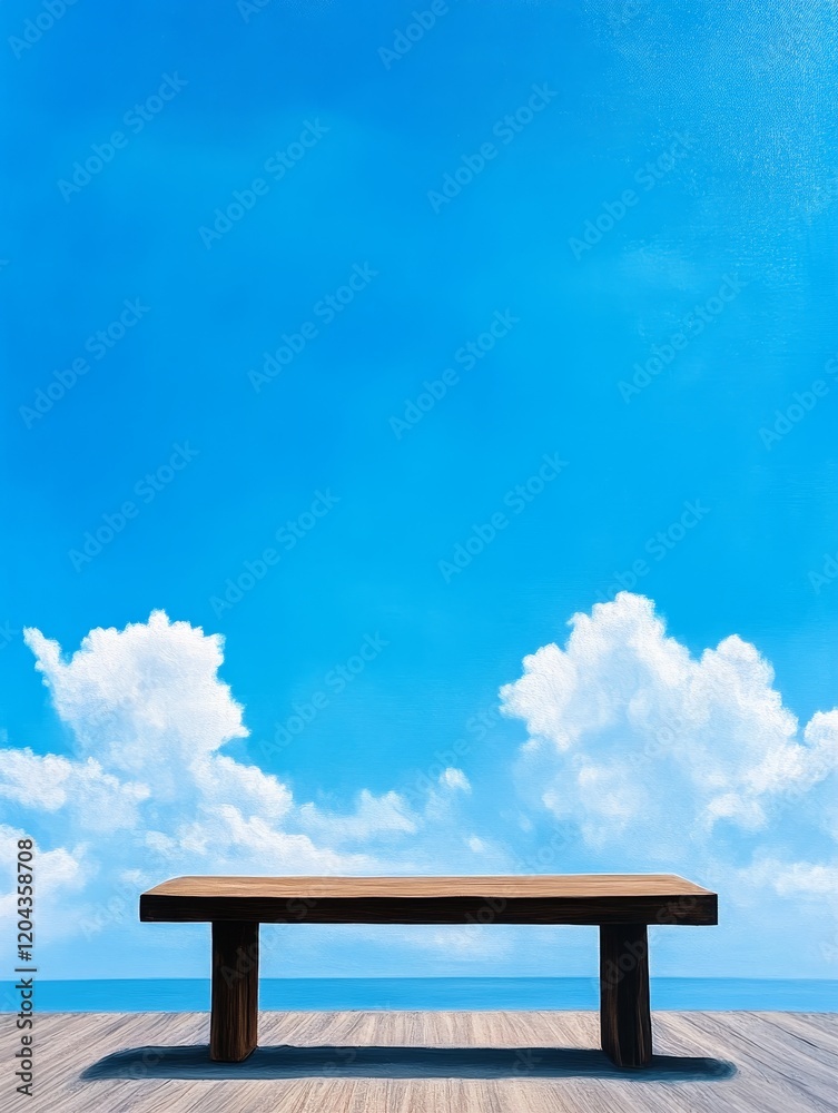 Peaceful Ocean Bench - A solitary wooden bench sits on a deck overlooking a calm ocean under a bright blue sky with fluffy clouds. Peaceful Ocean Bench - A solitary wooden bench sits on a deck overlooking a calm ocean under a bright blue sky with fluffy clouds.