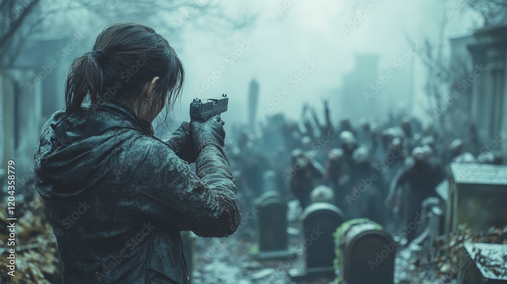 Woman aims handgun at zombie horde in graveyard. Post-apocalyptic survival scene Woman aims handgun at zombie horde in graveyard. Post-apocalyptic survival scene