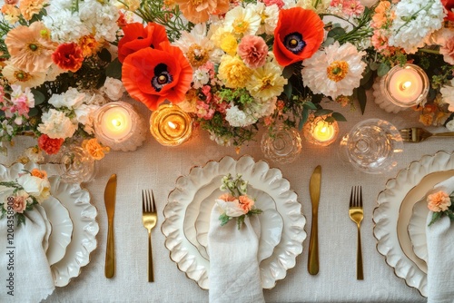 Elegant table setting adorned with vibrant flowers and soft cand photo
