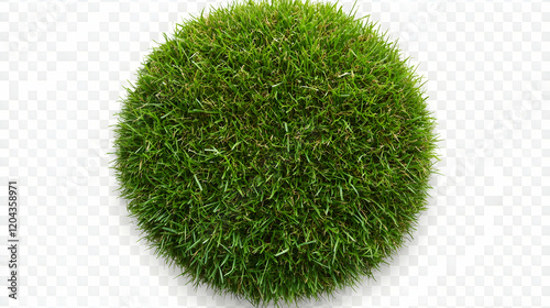 Patch of fresh green lawn grass, cut out on transparent background, round piece of grass