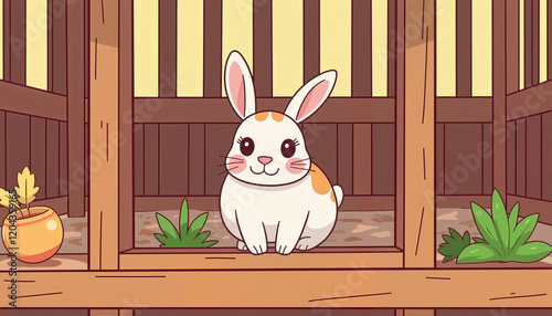Cute rabbit sitting in wooden hutch surrounded by greenery, innocence