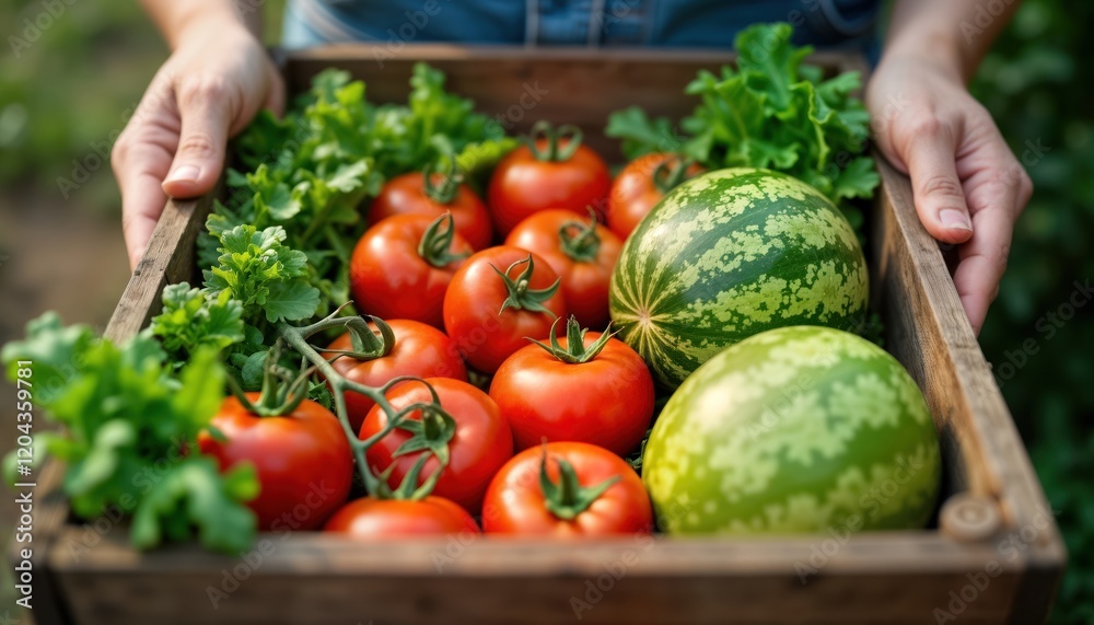 Fototapeta premium Freshly harvested tomatoes, watermelon displayed in wooden crate. Person holds crate. Produce looks ripe, ready to sold at local market. Eco-friendly approach highlights sustainable food production,
