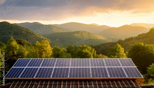 Rooftop Solar Panels in a Scenic Green Landscape with Mountains in the Background
