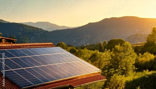 Rooftop Solar Panels in a Scenic Green Landscape with Mountains in the Background