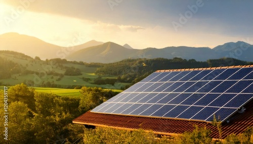 Rooftop Solar Panels in a Scenic Green Landscape with Mountains in the Background