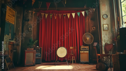 Old circus stage with vintage props like drum, chair, red curtain, radio, fan, and flags, evoking early 20th-century charm photo