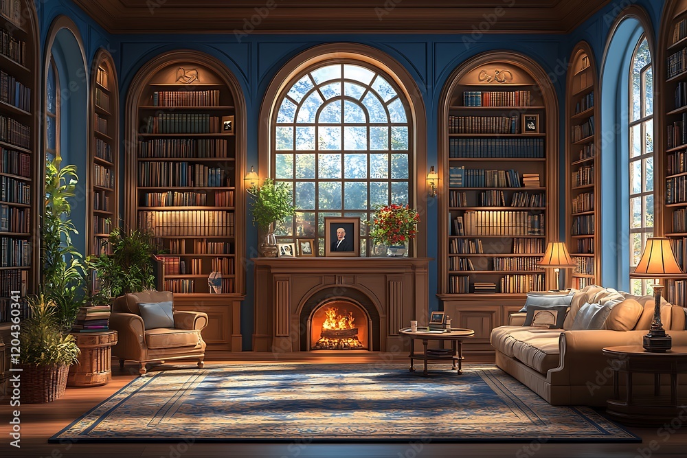Fototapeta premium Cozy Room with Fireplace and Bookshelves