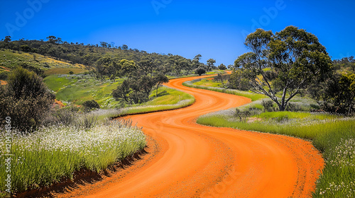 Red dirt road winding through vibrant canola fields in Toodyay, Western Australia under clear blue skies, showcasing rural beauty and natural landscape photography photo