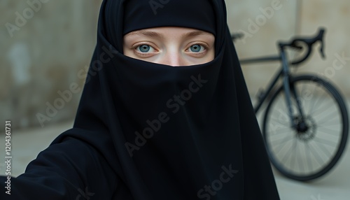 A young woman in a black hijab takes a selfie with a bicycle in the background, in an urban setting. The image is a portrait that focuses on the woman's eyes, which are striking against the dark backg photo