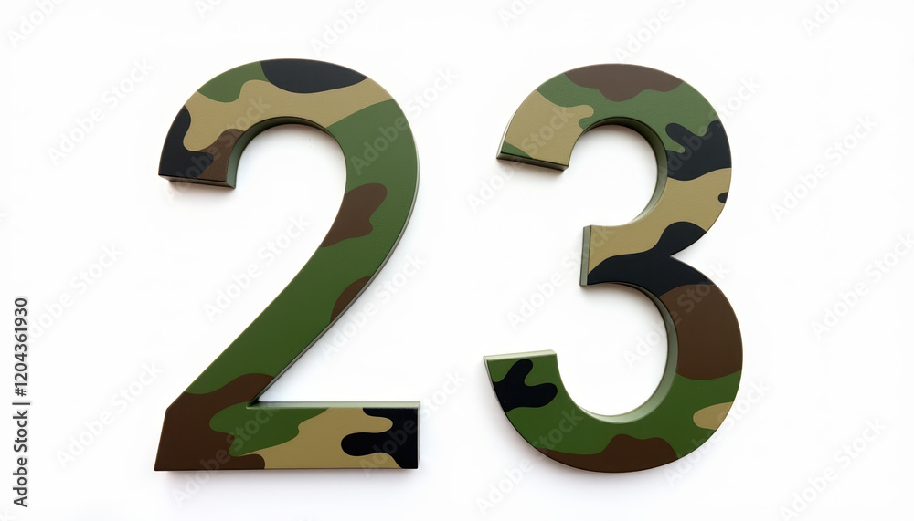 Stylized number 23 featuring a camouflage design, celebrating Defender of the Fatherland Day, reflecting military heritage and pride. Stylized number 23 featuring a camouflage design, celebrating Defender of the Fatherland Day, reflecting military heritage and pride.