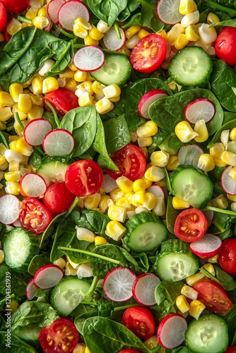 Spring vegan salad featuring corn, cherry tomatoes, spinach, cucumber, and radish, ideal for a healthy eating concept