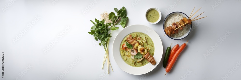 Delicious Green Thai Curry with Chicken Skewers and Rice Delicious Green Thai Curry with Chicken Skewers and Rice