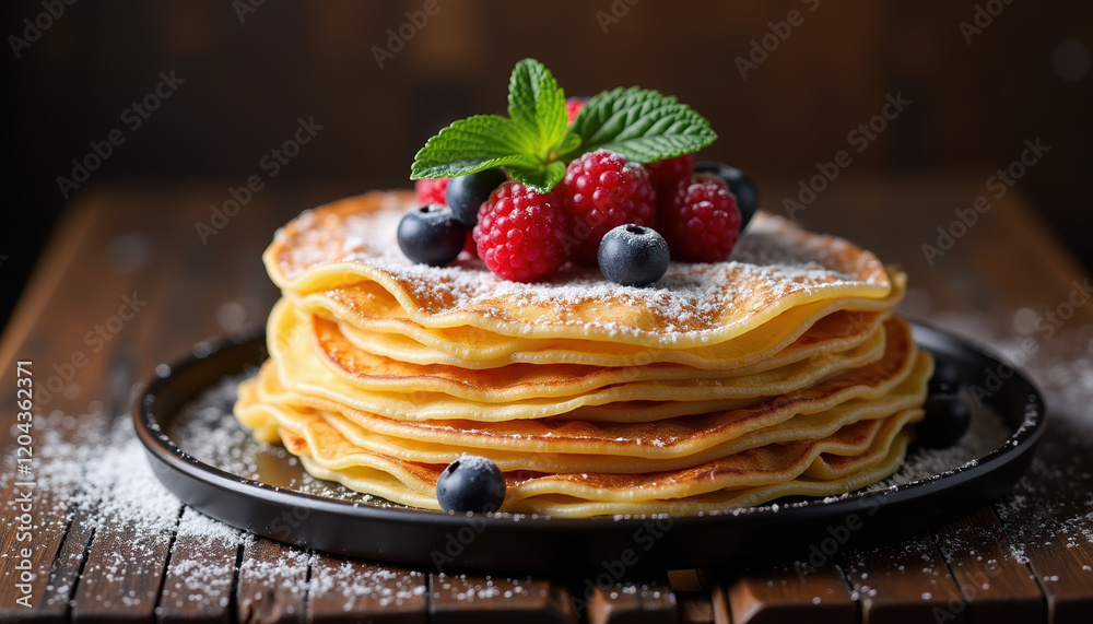 An enticing stack of pancakes adorned with raspberries and sprinkled with powdered sugar, representing the spirit of Shrovetide. An enticing stack of pancakes adorned with raspberries and sprinkled with powdered sugar, representing the spirit of Shrovetide.