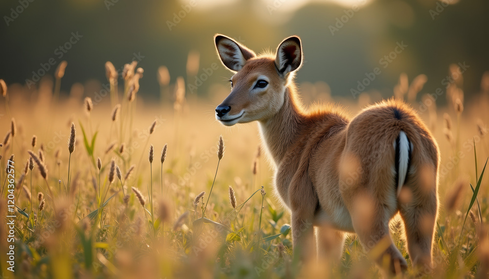 Fototapeta premium Graceful deer standing in tall grass at sunset, embodying the essence of wildlife on National Wildlife Day.
