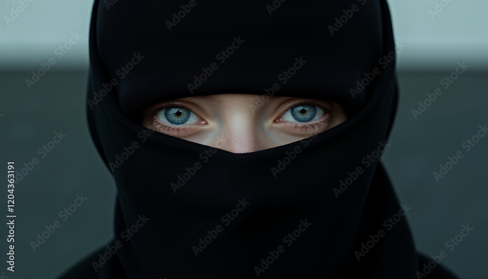 Intriguing Close Up Portrait of a Woman Partially Hidden by Black Fabric, Mysterious Gaze, Blue Eyes, Dark and Shadowy Atmosphere, Concealed Identity, Fashion and Style Intriguing Close Up Portrait of a Woman Partially Hidden by Black Fabric, Mysterious Gaze, Blue Eyes, Dark and Shadowy Atmosphere, Concealed Identity, Fashion and Style