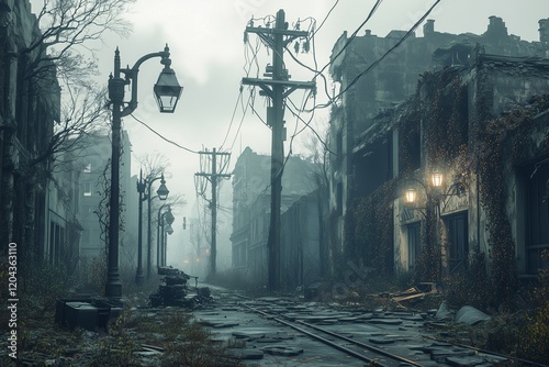 A robot inspecting street power lines amidst the ruins of old buildings, with broken streetlights and overgrown vines creeping up the walls