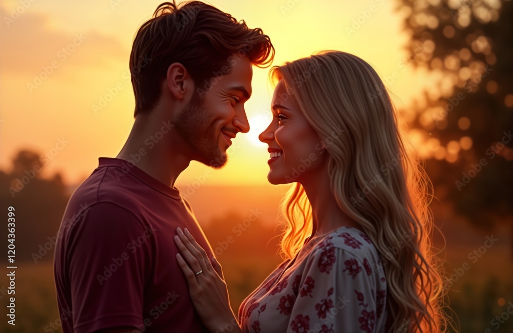 Couple embraces during beautiful sunset. Loving couple shares tender moment outdoors. Warm golden light bathes scene. Romantic atmosphere. Nature beauty surrounds. Peaceful, tranquil. Couple emotion Couple embraces during beautiful sunset. Loving couple shares tender moment outdoors. Warm golden light bathes scene. Romantic atmosphere. Nature beauty surrounds. Peaceful, tranquil. Couple emotion