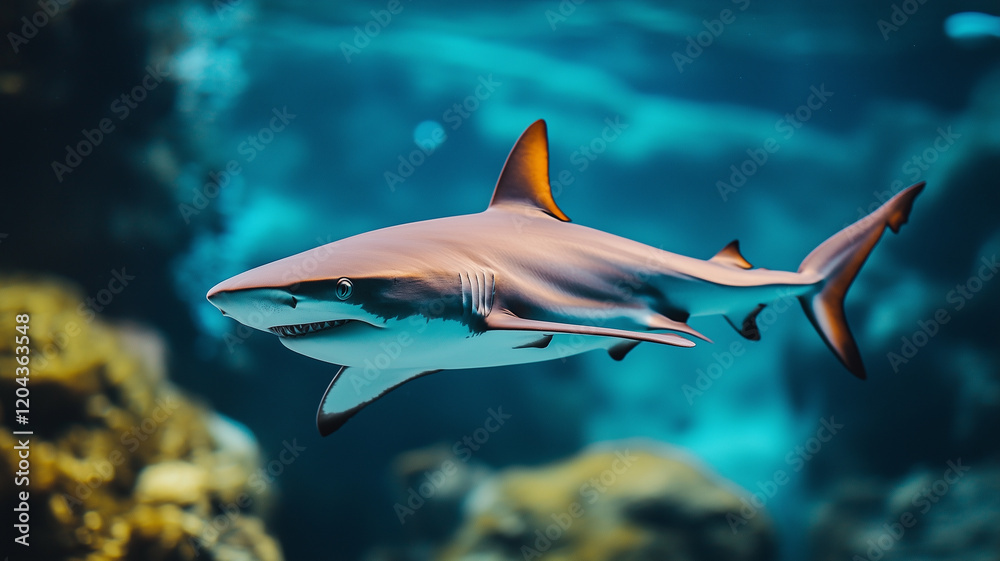 Fototapeta premium Shark digital illustration. Aggressive shark digital photo style illustration. AI artwork.