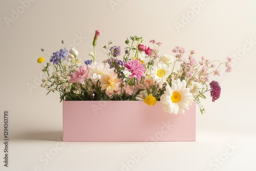 Zephyr bouquet colorful flowers presented in a stylish pink box on a light background, offering a modern twist on floral gifts