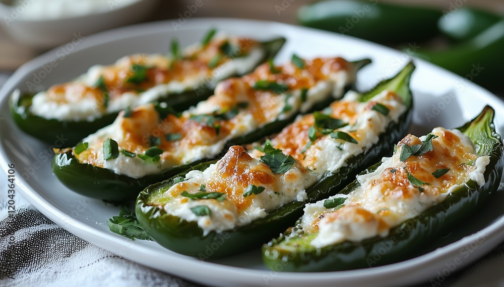 Traditional jalapeno poppers filled with cream cheese, accompanied by cool ranch sauce, ideal for a cafe menu image Traditional jalapeno poppers filled with cream cheese, accompanied by cool ranch sauce, ideal for a cafe menu image