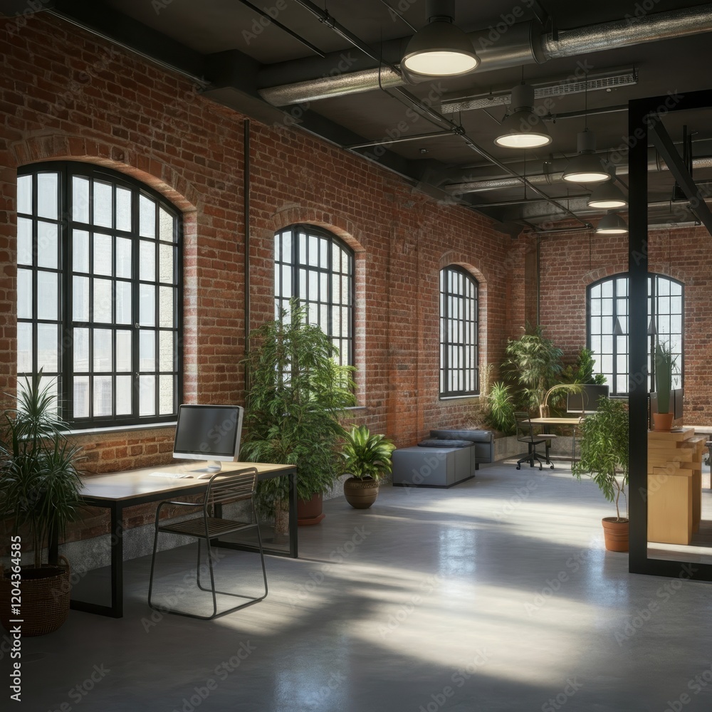 Obraz premium Industrial loft office space, exposed brick walls, large windows, natural light, wooden beams, concrete floor, minimalist furniture, modern office desk, ergonomic chairs, indoor plants, pendant lighti