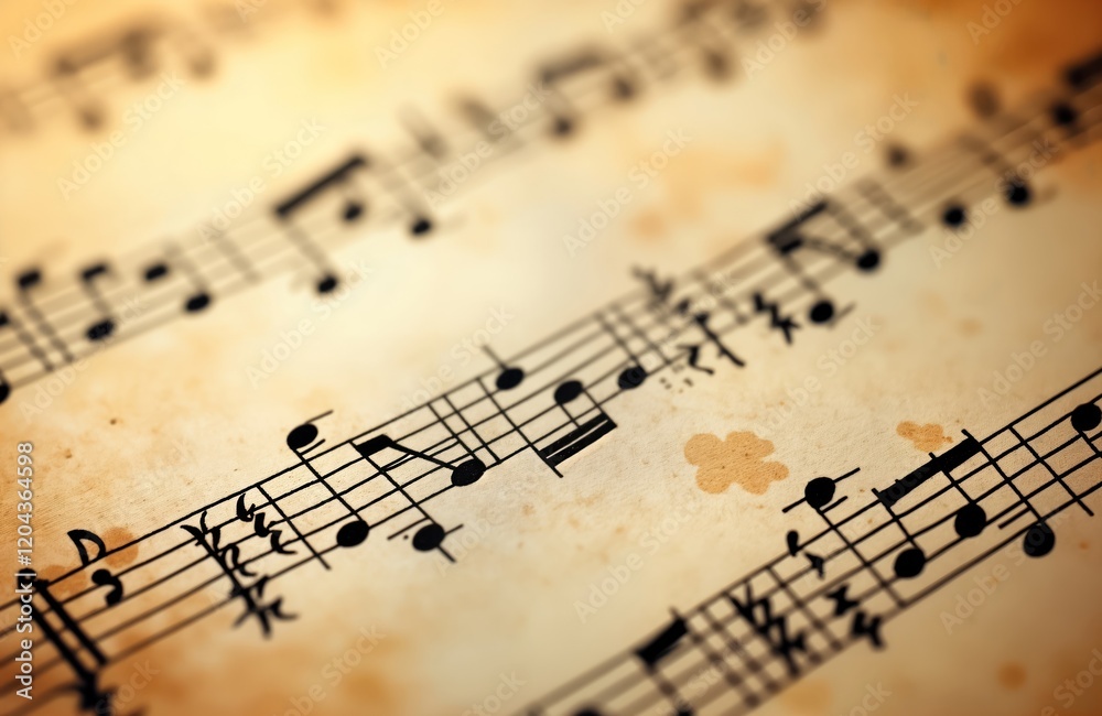 Close-up view of aged music sheet. Handwritten musical notes on antique paper with visible texture. Vintage sheet music with sepia tones, ink. Historic composition, old document, manuscript, score. Close-up view of aged music sheet. Handwritten musical notes on antique paper with visible texture. Vintage sheet music with sepia tones, ink. Historic composition, old document, manuscript, score.