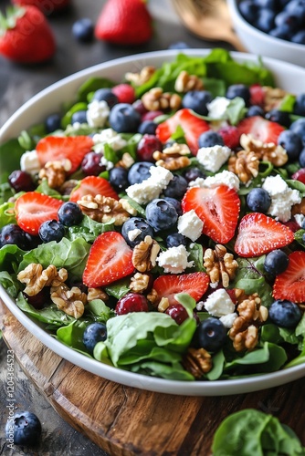 Vibrant and fresh salad with mixed greens, strawberries, blueberries, walnuts, and feta cheese, perfect for a nutritious meal