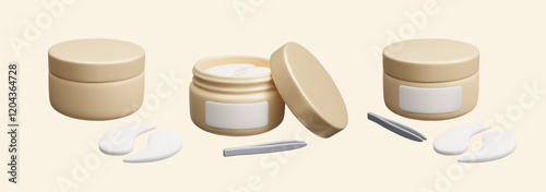 3D anti aging hydrogel eye patches in golden packaging vector illustration. Different open and closed cosmetic product bottles of hydrating eye patches and tweezers 3D vector render icon set.