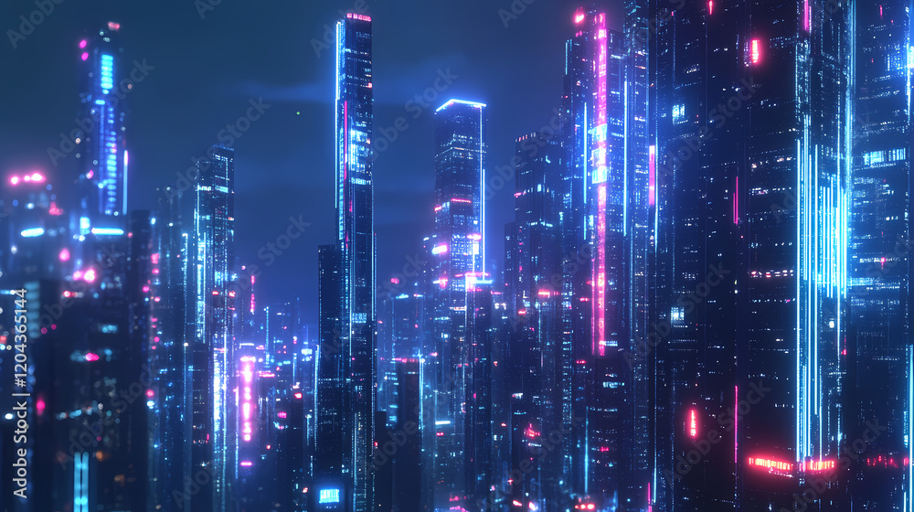 Abstract futuristic city skyline with glowing hologram buildings on a dark blue background. Futuristic City. Illustration Abstract futuristic city skyline with glowing hologram buildings on a dark blue background. Futuristic City. Illustration