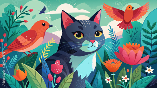 simple gouache illustration, cat and bullfinches, anime 