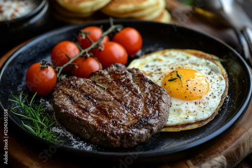 Hearty breakfast featuring steak and eggs with homemade pancakes
