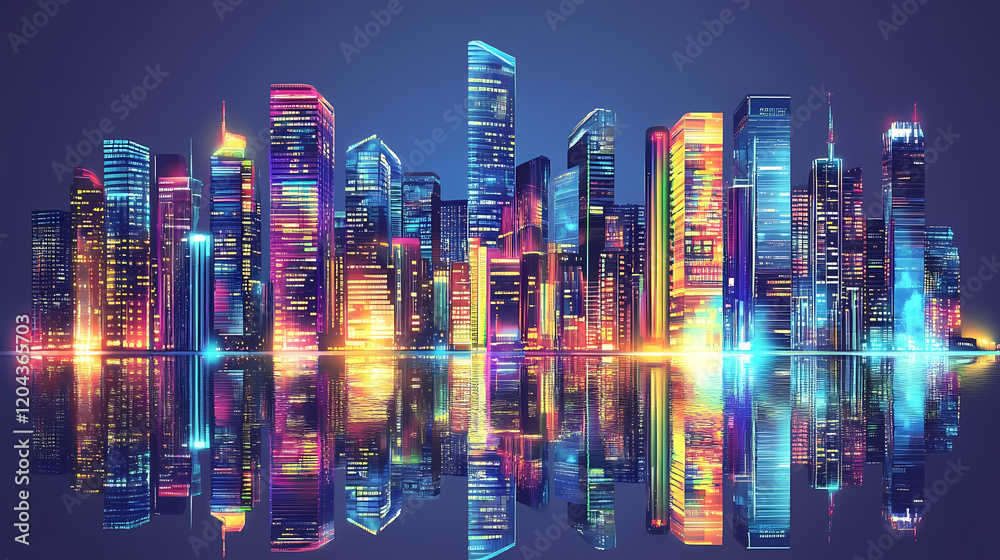 Dusk city view with vibrant skyscrapers and glowing neon reflections. Futuristic City. Illustration Dusk city view with vibrant skyscrapers and glowing neon reflections. Futuristic City. Illustration