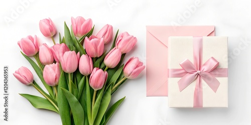 Flat lay of pink tulip bouquet with a greeting card and gift box tied with a pink ribbon. Perfect for spring holidays or celebrations like Mother's Day.