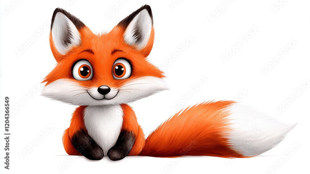 Obraz premium Cute Cartoon Fox Sitting and Smiling With Big Eyes and Fluffy Tail in a Playful Pose