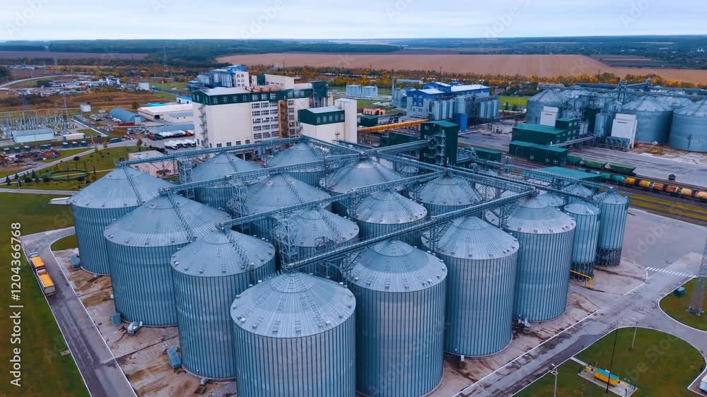 Metal silos on agro-processing and manufacturing plant for processing, drying, cleaning and storage of agricultural products. Aerial perspective on the enterprise in the countryside. Metal silos on agro-processing and manufacturing plant for processing, drying, cleaning and storage of agricultural products. Aerial perspective on the enterprise in the countryside.