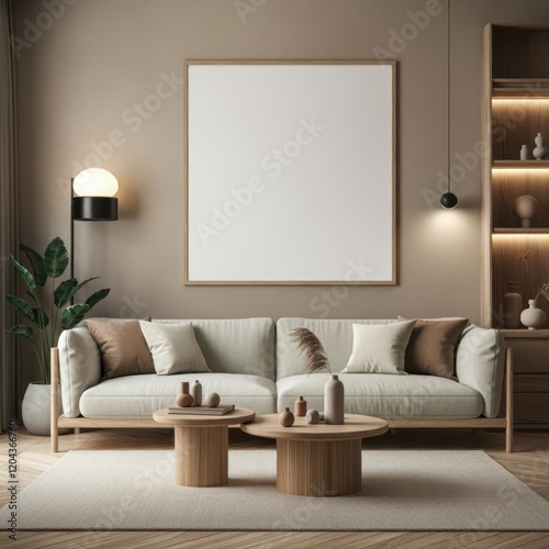 Minimalist living room, Scandinavian design, neutral color palette, beige walls, white sofa, wooden coffee table, arched floor lamp, potted plant, framed blank canvas, textured wallpaper, cozy throw p