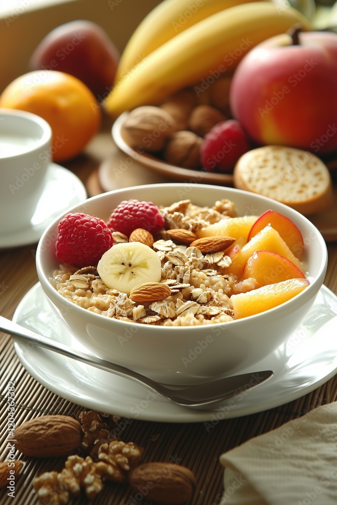 Nutritious and inviting breakfast setup oatmeal with fruits and nuts, presented in a contemporary for a healthy start Nutritious and inviting breakfast setup oatmeal with fruits and nuts, presented in a contemporary for a healthy start