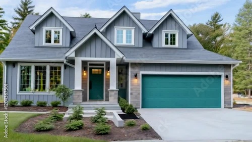 A two-story house with a gray facade and turquoise garage door is presented.
