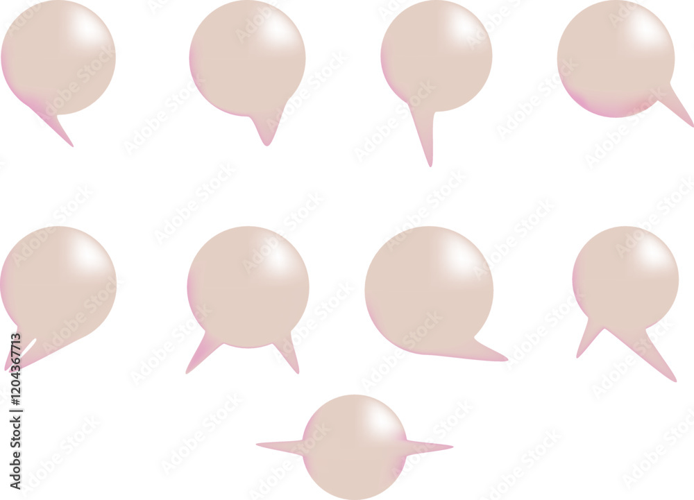 A collection of glossy, pearl-like speech bubbles with soft pink highlights. This elegant and modern design is perfect for messaging concepts, social media graphics, comics, and decorative text elemen